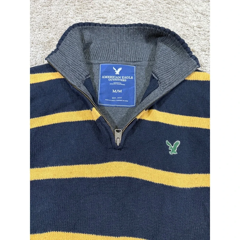 American Eagle Quarter Zip Sweater‎ Y2K Retro Rugby Striped Mens Vintage Style M